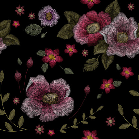 Crane bird, flowers, rose, rose-hip, plant. Traditional folk stylish embroidery on the black background. Sketch for printing on clothing, fabric, bag, accessories and design. Vector, trendのイラスト素材