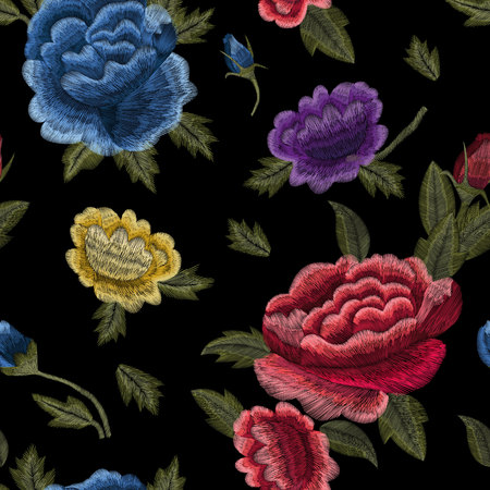 Crane bird, flowers, rose, rose-hip, plant. Traditional folk stylish embroidery on the black background. Sketch for printing on clothing, fabric, bag, accessories and design. Vector, trendのイラスト素材