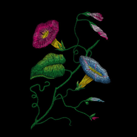 set of flowers. Traditional folk fashion embroidery on the black background. Pansies, roses, dog rose, cactus, plant. vector. Sketch for print on clothesのイラスト素材