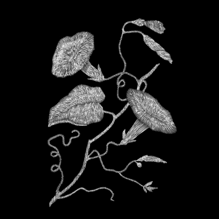 set of flowers. Traditional folk fashion embroidery on the black background. Pansies, roses, dog rose, cactus, plant. vector. Sketch for print on clothesのイラスト素材
