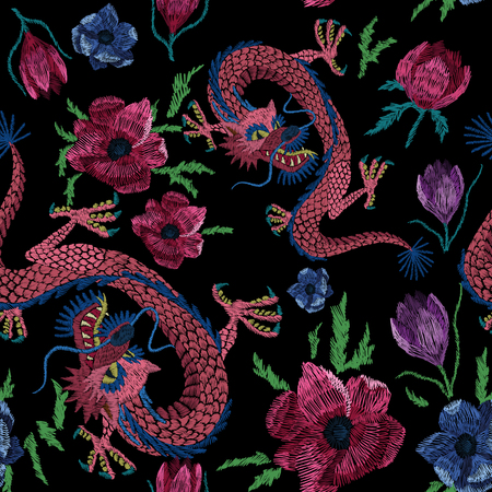 set of flowers. Traditional folk fashion embroidery on the black background. Pansies, roses, dog rose, cactus, plant. vector. Sketch for print on clothesのイラスト素材