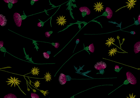 set of flowers. Traditional folk fashion embroidery on the black background. Pansies, roses, dog rose, cactus, plant. vector. Sketch for print on clothesのイラスト素材