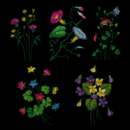 set of flowers. Traditional folk fashion embroidery on the black background. Pansies, roses, dog rose, cactus, plant. vector. Sketch for print on clothesのイラスト素材