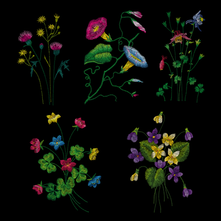 set of flowers. Traditional folk fashion embroidery on the black background. Pansies, roses, dog rose, cactus, plant. vector. Sketch for print on clothes