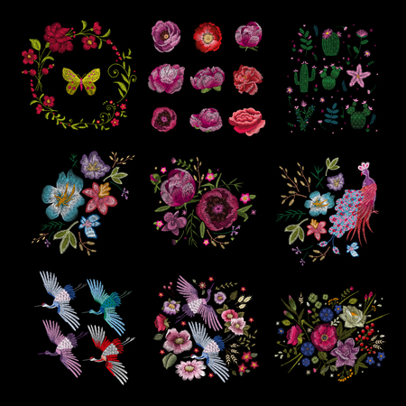 set of flowers. Traditional folk fashion embroidery on the black background. Pansies, roses, dog rose, cactus, plant. vector. Sketch for print on clothesのイラスト素材