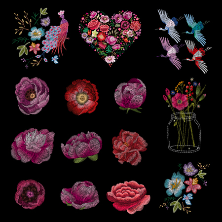 set of flowers. Traditional folk fashion embroidery on the black background. Pansies, roses, dog rose, cactus, plant. vector. Sketch for print on clothesのイラスト素材