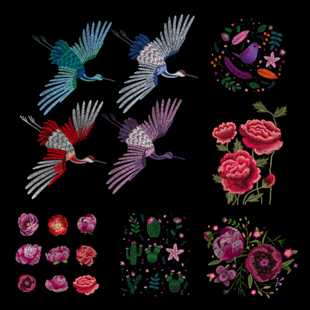 set of flowers. Traditional folk fashion embroidery on the black background. Pansies, roses, dog rose, cactus, plant. vector. Sketch for print on clothesのイラスト素材