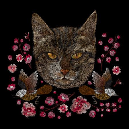 set of flowers. Traditional folk fashion embroidery on the black background. Pansies, roses, dog rose, cactus, plant. vector. Sketch for print on clothesのイラスト素材