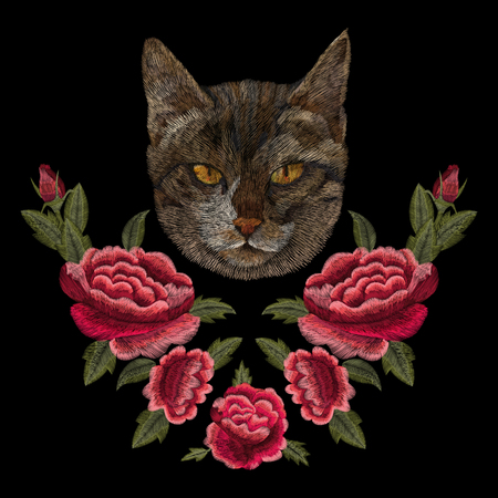 set of flowers. Traditional folk fashion embroidery on the black background. Pansies, roses, dog rose, cactus, plant. vector. Sketch for print on clothesのイラスト素材