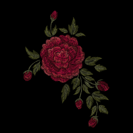 Crane bird, flowers, rose, rose-hip, plant. Traditional folk stylish embroidery on the black background. Sketch for printing on clothing, fabric, bag, accessories and design. Vector, trendのイラスト素材