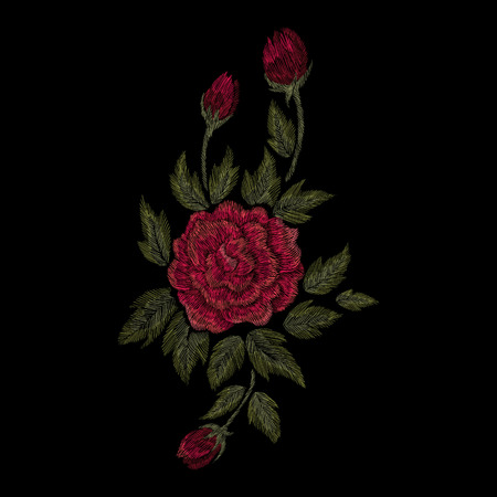Crane bird, flowers, rose, rose-hip, plant. Traditional folk stylish embroidery on the black background. Sketch for printing on clothing, fabric, bag, accessories and design. Vector, trendのイラスト素材