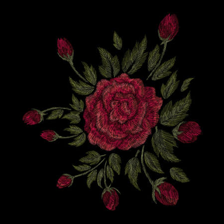Crane bird, flowers, rose, rose-hip, plant. Traditional folk stylish embroidery on the black background. Sketch for printing on clothing, fabric, bag, accessories and design. Vector, trendのイラスト素材