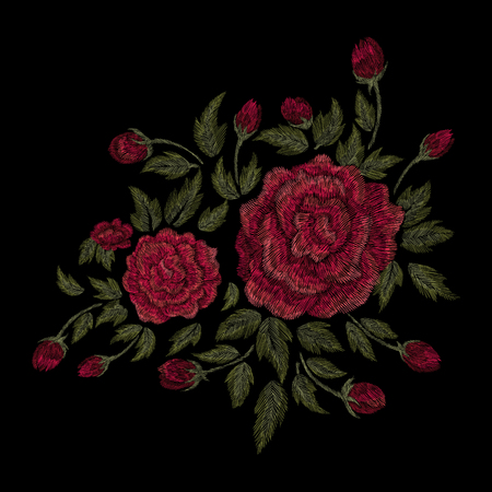 Crane bird, flowers, rose, rose-hip, plant. Traditional folk stylish embroidery on the black background. Sketch for printing on clothing, fabric, bag, accessories and design. Vector, trendのイラスト素材