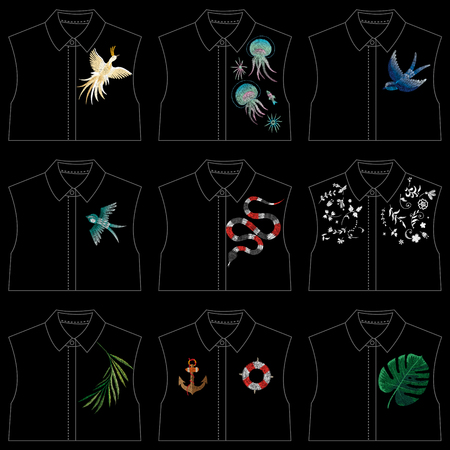 Crane bird, flowers, rose, rose-hip, plant. Traditional folk stylish embroidery on the black background. Sketch for printing on clothing, fabric, bag, accessories and design. Vector, trendのイラスト素材