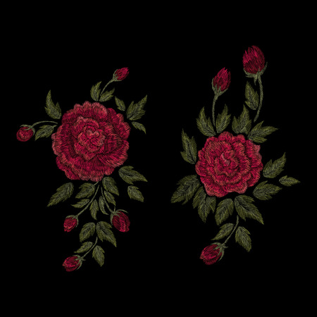 Crane bird, flowers, rose, rose-hip, plant. Traditional folk stylish embroidery on the black background. Sketch for printing on clothing, fabric, bag, accessories and design. Vector, trendのイラスト素材
