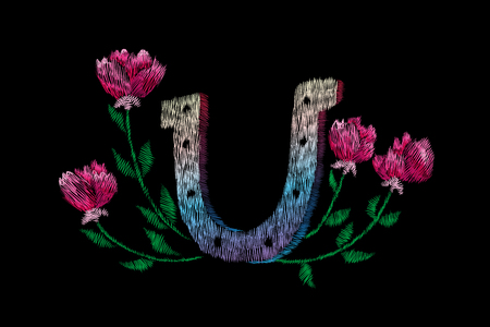 Crane bird, flowers, rose, rose-hip, plant. Traditional folk stylish embroidery on the black background. Sketch for printing on clothing, fabric, bag, accessories and design. Vector, trendのイラスト素材