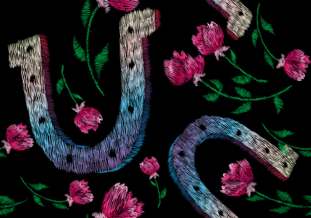 Crane bird, flowers, rose, rose-hip, plant. Traditional folk stylish embroidery on the black background. Sketch for printing on clothing, fabric, bag, accessories and design. Vector, trendのイラスト素材