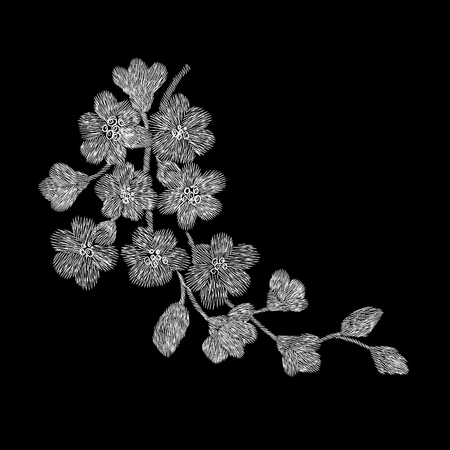 Crane bird, flowers, rose, rose-hip, plant. Traditional folk stylish embroidery on the black background. Sketch for printing on clothing, fabric, bag, accessories and design. Vector, trendのイラスト素材