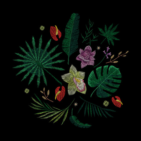 Crane bird, flowers, rose, rose-hip, plant. Traditional folk stylish embroidery on the black background. Sketch for printing on clothing, fabric, bag, accessories and design. Vector, trendのイラスト素材