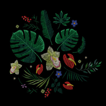 Crane bird, flowers, rose, rose-hip, plant. Traditional folk stylish embroidery on the black background. Sketch for printing on clothing, fabric, bag, accessories and design. Vector, trendのイラスト素材