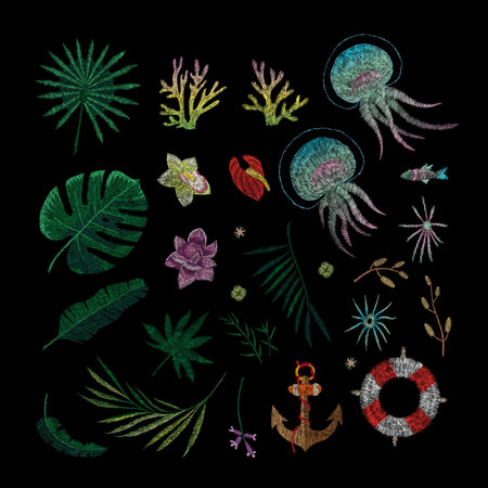 Crane bird, flowers, rose, rose-hip, plant. Traditional folk stylish embroidery on the black background. Sketch for printing on clothing, fabric, bag, accessories and design. Vector, trendのイラスト素材