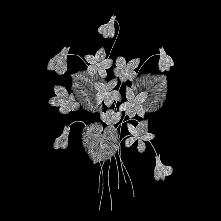 Crane bird, flowers, rose, rose-hip, plant. Traditional folk stylish embroidery on the black background. Sketch for printing on clothing, fabric, bag, accessories and design. Vector, trendのイラスト素材