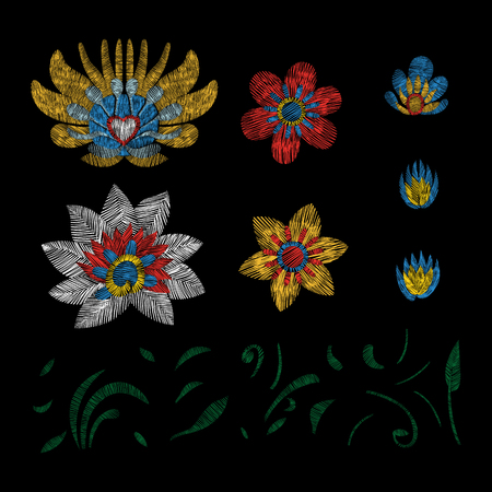 Crane bird, flowers, rose, rose-hip, plant. Traditional folk stylish embroidery on the black background. Sketch for printing on clothing, fabric, bag, accessories and design. Vector, trendのイラスト素材