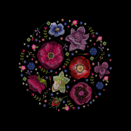 Crane bird, flowers, rose, rose-hip, plant. Traditional folk stylish embroidery on the black background. Sketch for printing on clothing, fabric, bag, accessories and design. Vector, trendのイラスト素材