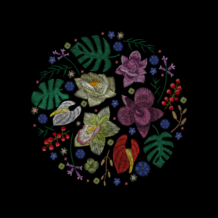 Crane bird, flowers, rose, rose-hip, plant. Traditional folk stylish embroidery on the black background. Sketch for printing on clothing, fabric, bag, accessories and design. Vector, trendのイラスト素材