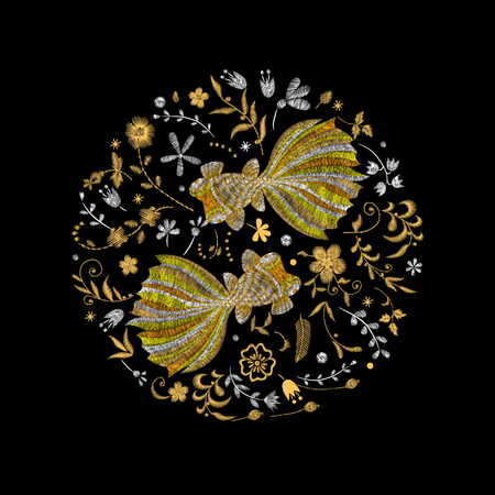 Crane bird, flowers, rose, rose-hip, plant. Traditional folk stylish embroidery on the black background. Sketch for printing on clothing, fabric, bag, accessories and design. Vector, trendのイラスト素材