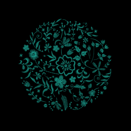 Crane bird, flowers, rose, rose-hip, plant. Traditional folk stylish embroidery on the black background. Sketch for printing on clothing, fabric, bag, accessories and design. Vector, trendのイラスト素材