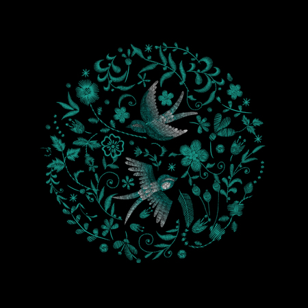 Crane bird, flowers, rose, rose-hip, plant. Traditional folk stylish embroidery on the black background. Sketch for printing on clothing, fabric, bag, accessories and design. Vector, trendのイラスト素材