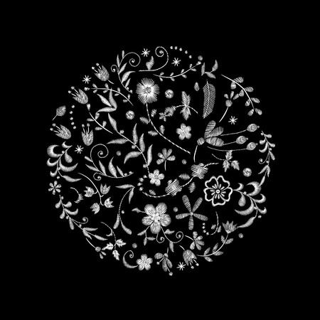 Crane bird, flowers, rose, rose-hip, plant. Traditional folk stylish embroidery on the black background. Sketch for printing on clothing, fabric, bag, accessories and design. Vector, trendのイラスト素材