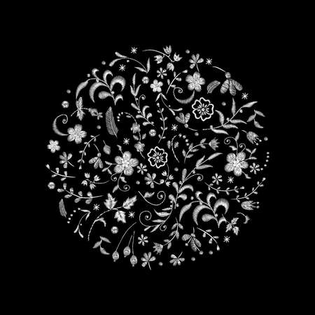 Crane bird, flowers, rose, rose-hip, plant. Traditional folk stylish embroidery on the black background. Sketch for printing on clothing, fabric, bag, accessories and design. Vector, trendのイラスト素材