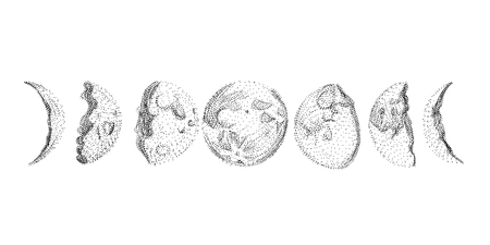 Vector illustration set of moon phases. Engraving styleのイラスト素材
