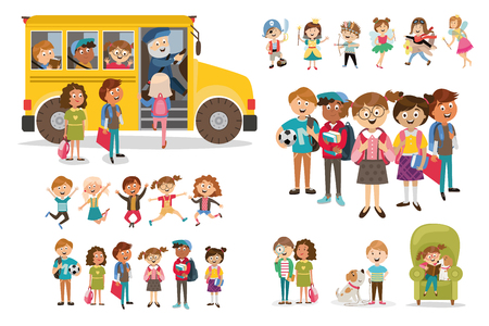 set of happy family, people, with their suitcases family, dinner, mom reads a story to children, large, Muslim, fashion illustration, stylish teenagers, friendship, vectorのイラスト素材