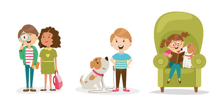 large set of children's characters of people. school pupils, fun jump, vectorのイラスト素材