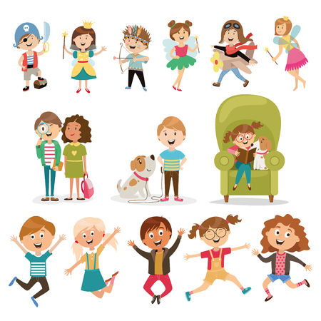 large set of children's characters of people. school pupils, fun jump, vectorのイラスト素材