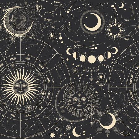 Vector illustration set of moon phases. Different stages of moonlight activity in vintage engraving style. Zodiac signsのイラスト素材