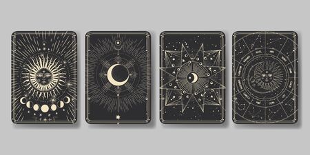 Vector illustration set of moon phases. Different stages of moonlight activity in vintage engraving style. Zodiac signsのイラスト素材
