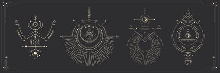 Vector illustration set of moon phases. Different stages of moonlight activity in vintage engraving style. Zodiac signsのイラスト素材