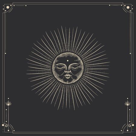 Vector illustration set of moon phases. Different stages of moonlight activity in vintage engraving style. Zodiac signsのイラスト素材