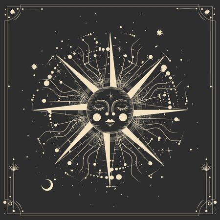 Vector illustration set of moon phases. Different stages of moonlight activity in vintage engraving style. Zodiac signsのイラスト素材