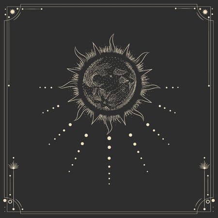 Vector illustration set of moon phases. Different stages of moonlight activity in vintage engraving style. Zodiac signsのイラスト素材