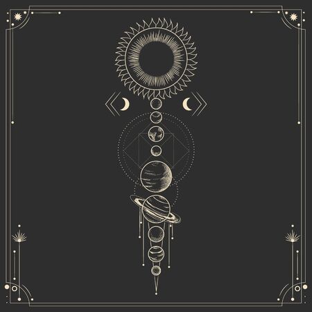 Vector illustration set of moon phases. Different stages of moonlight activity in vintage engraving style. Zodiac signsのイラスト素材