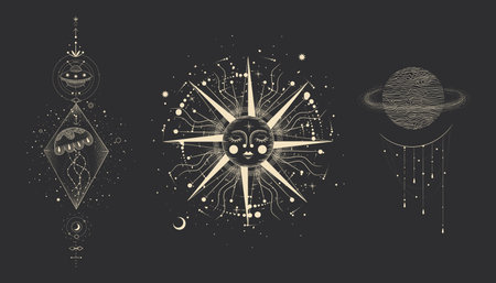 Vector illustration set of moon phases. Different stages of moonlight activity in vintage engraving...