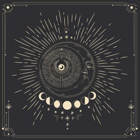 Vector illustration set of moon phases. Different stages of moonlight activity in vintage engraving style. Zodiac Signsのイラスト素材
