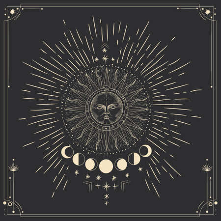 Vector illustration set of moon phases. Different stages of moonlight activity in vintage engraving style. Zodiac Signsのイラスト素材