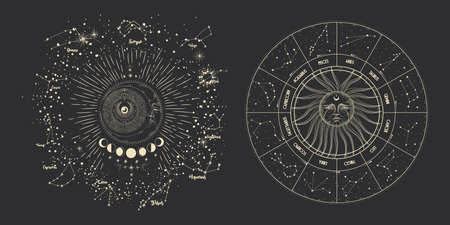 Vector illustration set of moon phases. Different stages of moonlight activity in vintage engraving style. Zodiac Signsのイラスト素材