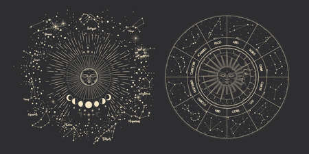 Vector illustration set of moon phases. Different stages of moonlight activity in vintage engraving style. Zodiac Signsのイラスト素材